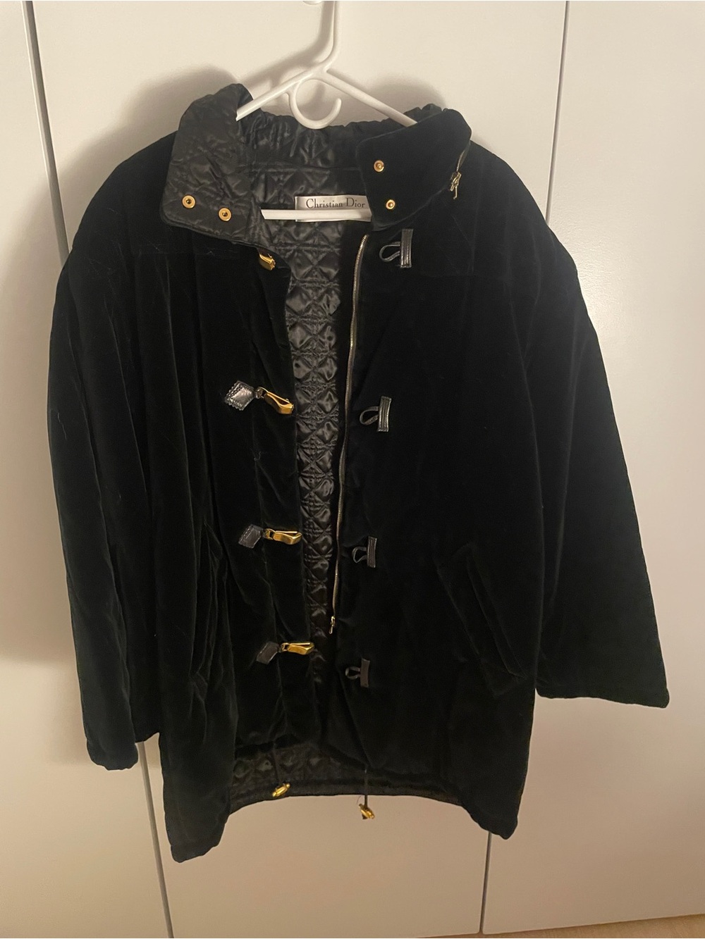 Vintage 90s Christian Dior Black Velvet Winter Coat with Gold Closures